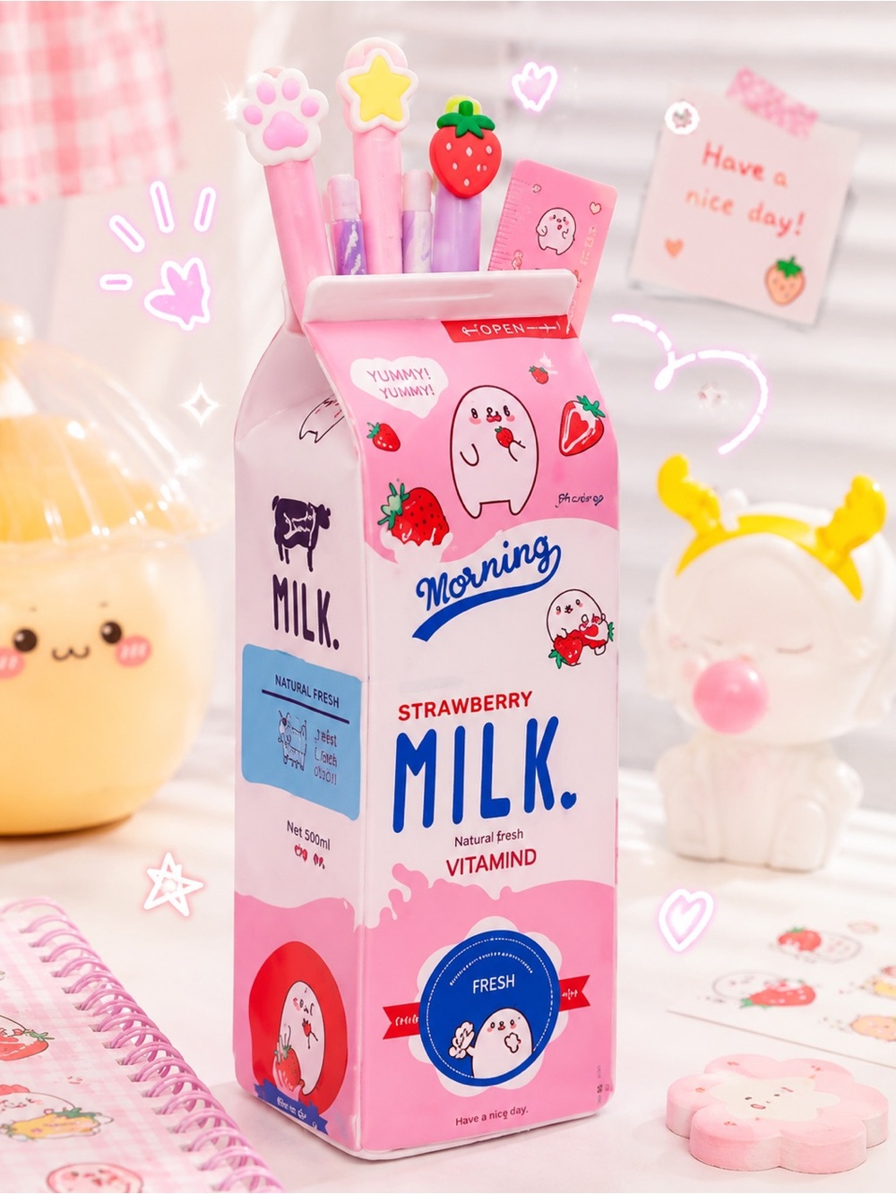 Milk Carton Pencil Case – Kawaii Stationery (Pink) 🛍️